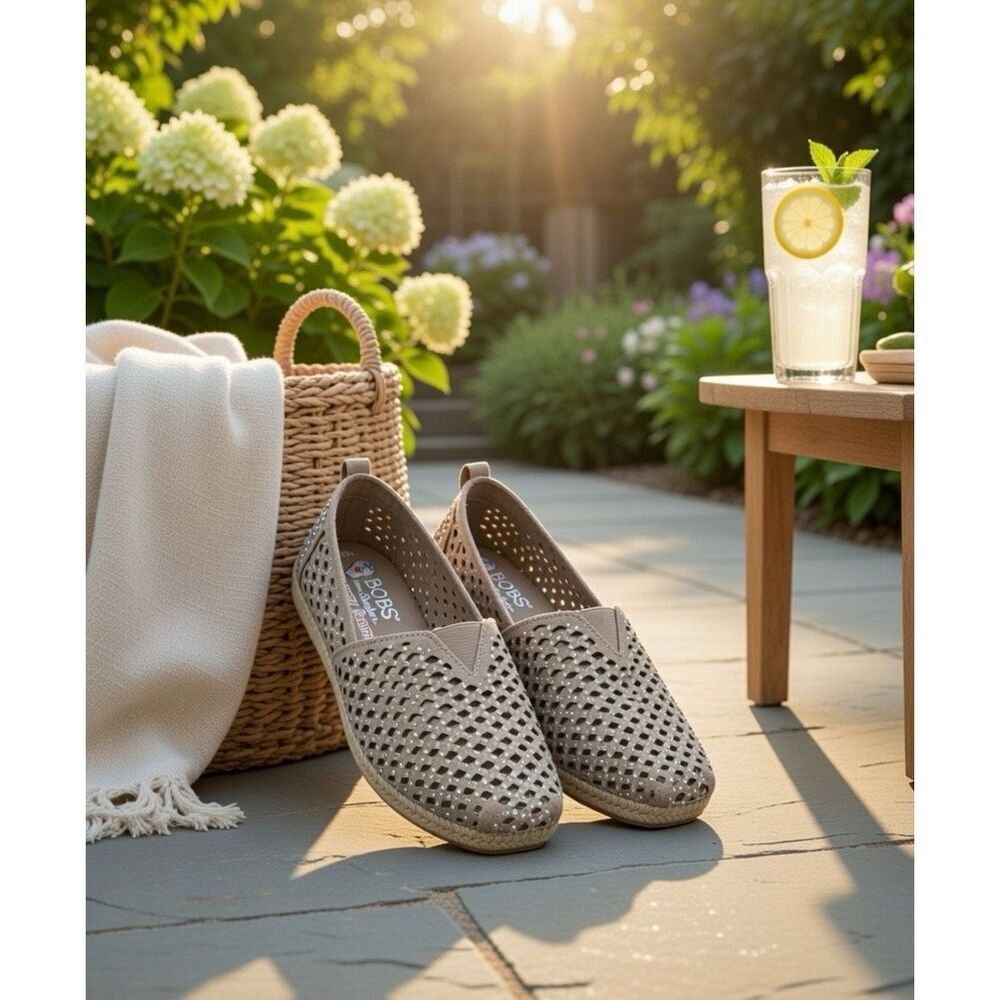BOBS for Skechers Tan Perforated Beaded Slip On Espadrille Shoes Women's 6.5